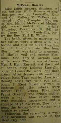 Marriage Notice for Mallery M. McPEAK to Edith Bowers, 30 Dec 1943