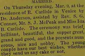 Marriage notice for S. J. McPEAK to Ida B. Carlisle, 3 Mar 1893