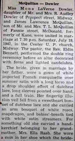 Part 1 Marriage Notice for James Lawrence McQUILLAN to Mona LaVerne Dowler, 19 Jul 1947