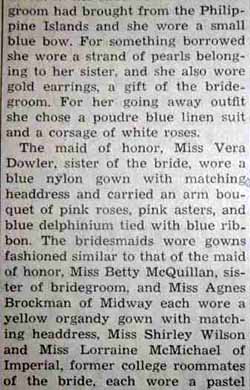 Part 2 Marriage Notice for James Lawrence McQUILLAN to Mona LaVerne Dowler, 19 Jul 1947