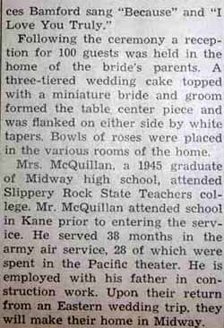 Part 4 Marriage Notice for James Lawrence McQUILLAN to Mona LaVerne Dowler, 19 Jul 1947