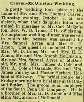 Marriage Notice for Carl McQUISTON to Edna Craven, 8 Oct 1908