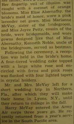 Part 2 Marriage Notice for Harry W. McVAY to Mary Alice Blasingame, no date, in 6-28-1946 paper
