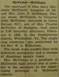 Marriage Notice for John McVICKER to Mary Elizabeth McElhany, 6 Feb 1943