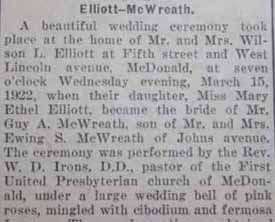 Part 1 Marriage Notice for Guy A. McWREATH to Mary Ethel Elliott, 15 Mar 1922