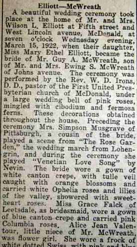 Part 1 Marriage Notice for Guy A. McWREATH to Mary Ethel Elliott, 15 Mar 1922