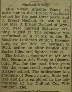 Marriage notice for J. Ernest NACHOD, Jr. to Vivian Annette Yeany, 22 Aug 1936