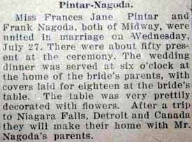 Marriage Notice for Frank NAGODA to Frances Jane Pintar, 27 Jul 1927