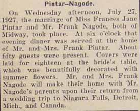 Marriage Notice for Frank NAGODA to Frances Jane Pintar, 27 Jul 1927