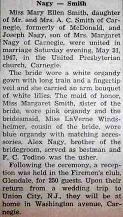 Marriage Notice for Joseph NAGY to Mary Ellen Smith, 31 May 1947