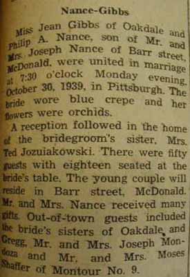 Marriage Notice for Philip A. NANCE to Jean Gibbs, 30 Oct 1939