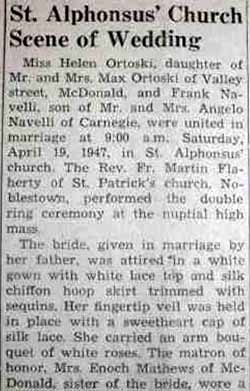 Part 1 Marriage Notice for Frank NAVELLI to Helen Ortoski, 19 Apr 1947