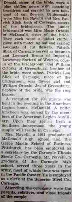 Part 2 Marriage Notice for Frank NAVELLI to Helen Ortoski, 19 Apr 1947