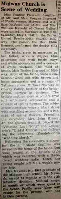 Marriage Notice for William NAVOSKI to Pauline Pierrard, 3 May 1947