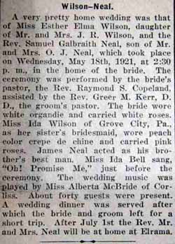 Marriage Notice for Samuel Galbraith NEAL to Esther Elma Wilson, 18 May 1921