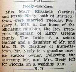 Marriage Notice for Frank NEELY to Mary Elizabeth Gardner, 5 Feb 1935