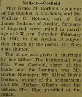 Part 1 Marriage Notice for Wallace C. NEILSON to Grace M. Corfield, 15 Feb 1941