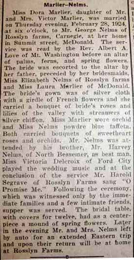 Marriage Notice for George NELMS to Dora Marlier, 28 Feb 1924