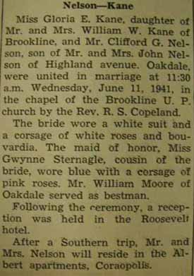 Marriage Notice for Clifford G. NELSON to Gloria E. Kane, 11 Jun 1941