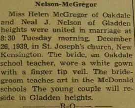 Marriage Notice for Neal J. NELSON to Helen McGregor, 26 Dec 1939