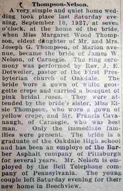 Marriage Notice for James W. NELSON to Margaret Wood Thompson, 10 Sep 1927