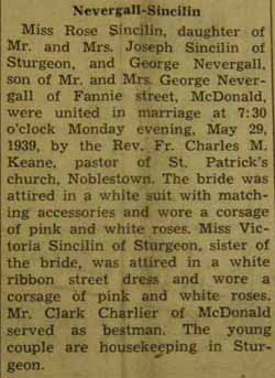 Marriage Notice for George NEVERGALL to Rose Sincilin, 29 May 1939