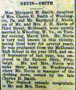 Marriage Notice for Raymond NEVIN to Margaret M. Smith, 19 Mar 1918
