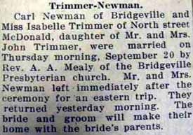 Marriage Notice for Carl NEWMAN to Isabelle Trimmer 20 Sep 1928