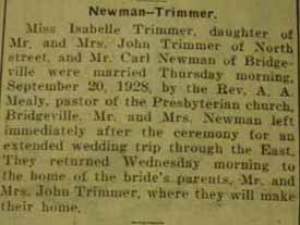 Marriage Notice for Carl NEWMAN to Isabelle Trimmer 20 Sep 1928
