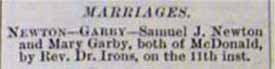 Marriage notice for Samuel J. NEWTON to Mary Garby, 11 Feb 1897