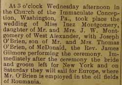 Marriage Notice for Joseph O'BRIEN to Inez Montgomery, no date, in 11-27-1908 paper