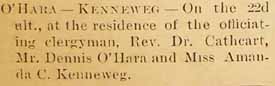Marriage Notice for Dennis O'HARA to Amanda C. Kenneweg, 22nd. of month, 1892, no month available