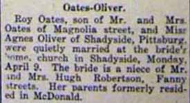 Marriage Notice for Roy OATES to Agnes Oliver, 9 Apr 1917