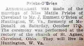 Marriage Notice for J. Emmett O'BRIEN to Mattie Priebe, 17 Oct 1925