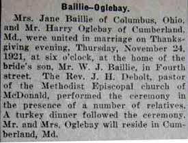 Marriage Notice for Harry OGLEBAY to Mrs. Jane Baillie, 24 Nov 1921