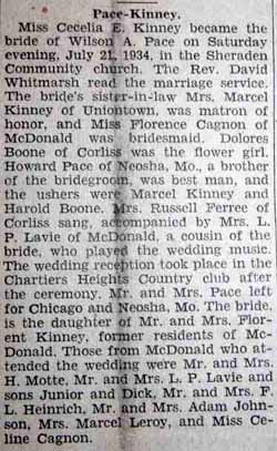 Marriage Notice for Wilson A. PACE to Cecelia E. Kinney, 21 Jul 1934