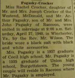 Marriage Notice for 
Arthur PAGASKY to Rachel Crocker, 27 Apr 1940