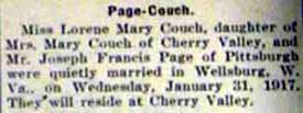 Marriage Notice for Joseph Francis PAGE to Lorene Mary Couch, 31 Jan 1917