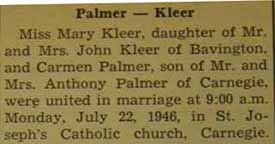 Part 1 Marriage Notice for Carmen PALMER to Mary Kleer, 22 Jul 1946