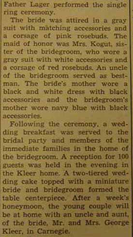 Part 2 Marriage Notice for Carmen PALMER to Mary Kleer, 22 Jul 1946