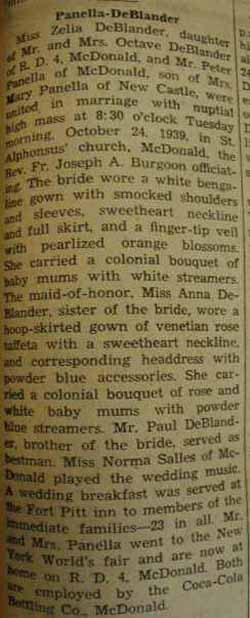 Wedding notice for 
Peter PANELLA to Zelia DeBlander, 24 Oct 1939