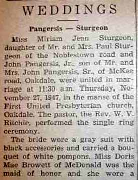 Part 1 Marriage Notice for John PANGERSIS to Miriam Jean Sturgeon, 27 Nov 1947