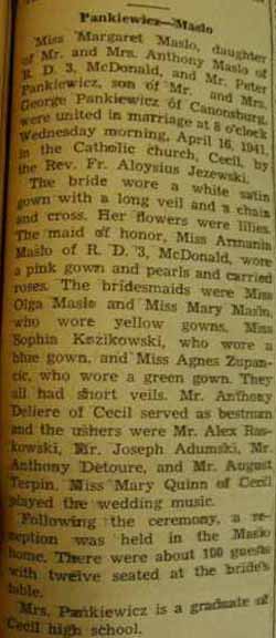 Marriage Notice for Peter PANKIEWICZ to Margaret Maslo, 16 Apr 1941