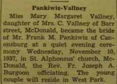 Wedding notice for 
Frank M. PANKIWIZ to Mary Margaret Vallney, 10 Nov 1937