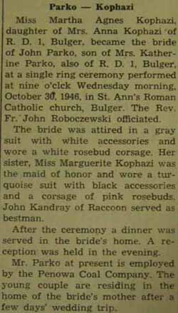 Marriage Notice for John PARKO to Martha Agnes Kophazi, 30 Oct 1946