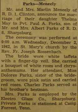 Marriage Notice for Paul A. PARKS to Thelma May Meneely, 2 Dec 1942