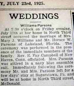 Marriage Notice for Horace W. PARSONS to Mrs. Mary J. Williams, 17 Jul 1925