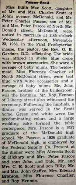 Marriage Notice for Peter Charles PASCOE to Edith Mae Scott, 23 Nov 1938