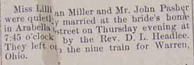 Marriage Notice for Mr. John PASHER and Lillian MILLER, Thurs., no date, in Jan 27, 1911 newspaper