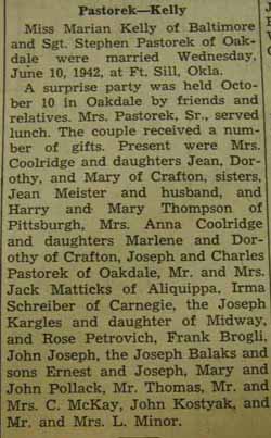 Marriage Notice for Stephen PASTORECK to Marian Kelly, 10 Jun 1942